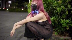 大波翘臀少女福利姬【小小Q】羞耻露出，LED项圈黑色透视洋装，街道极限露出 截图6