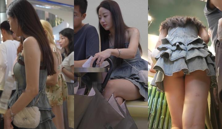 超短抹胸牛仔裙美女..半透蕾丝内露屁股缝贴脸拍