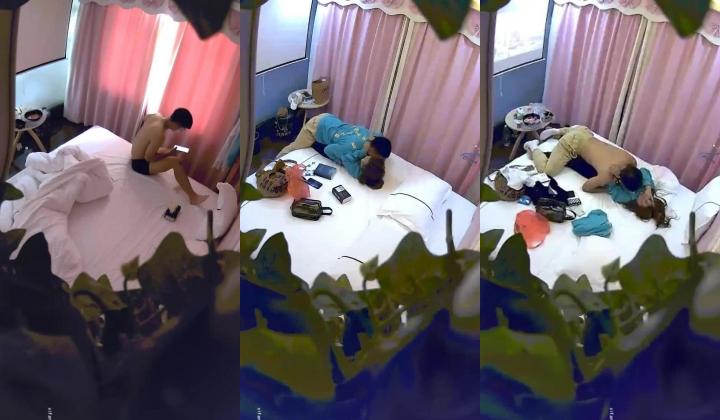 高校附近情趣酒店近视角荧幕主题房偷拍穿情侣服学生情侣带着宵夜开房过夜