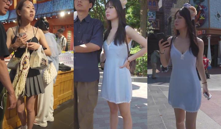 【banana cat】系列 蓝色长裙美女游乐园约会挑选商品弯腰内裤贴镜头侧面露毛骚货百褶裙无打底岔开腿CD蕾丝内湿了