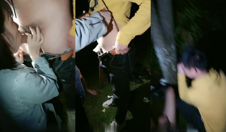 户外姐妹勾引两个路人，一个操逼一个口爆，结果口到一半听到附近传来警报声吓得男的提起裤子就要走！