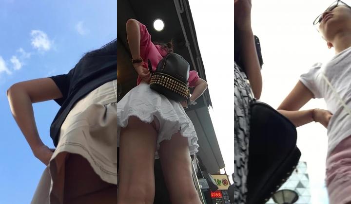 【公交站抄底】都是少妇御姐，有一个逼毛竟然如此之长，龟男在旁边也照拍不误