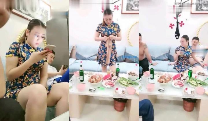【熟女控】旗袍阿姨，3男一女淫乱客厅，风趣不失骚味，’你不戴套，以后大家都不戴了，指不定是谁的种咧‘，中途拔套，内射好多精液！