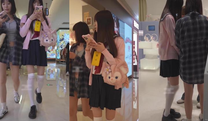 【banana cat系列】外纯内骚制服jk小姐姐和闺蜜一起逛街情趣用品店买跳蛋窄内阴唇侧露，侧面露出没刮干净