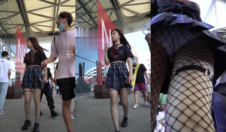 【YZWCD】YM086蓝黑jk小姐姐黑色网袜搭配粉内！