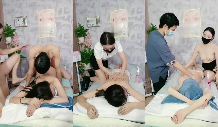给女顾客催情逼逼上药玩双飞，淫荡的按摩店少妇享受技师的按摩服务，揉奶玩逼欲火焚身被小哥轮草抽插叫的好骚