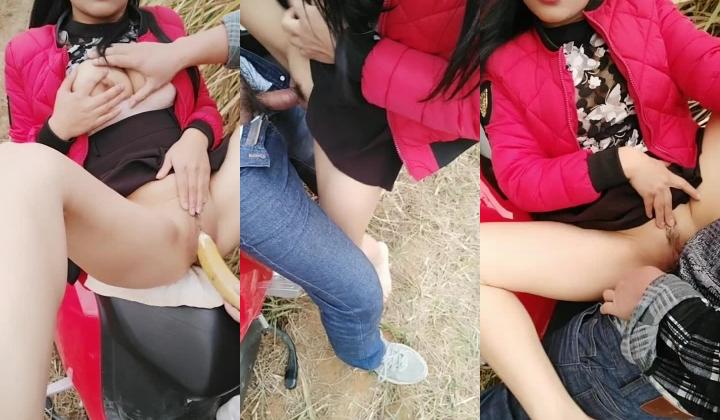 逼毛刮得很干净的淫骚少妇勾引光头佬在摩托车上啪啪搞完还未满足用香蕉插插