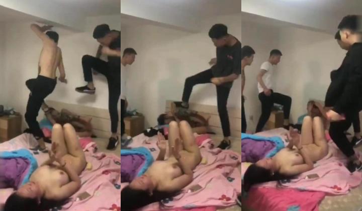 女友和别人出轨,男友带兄弟抓奸,暴打两人,还让男的表演一下是怎么抠他女友B的,妹子受刺激了居然还拍掌