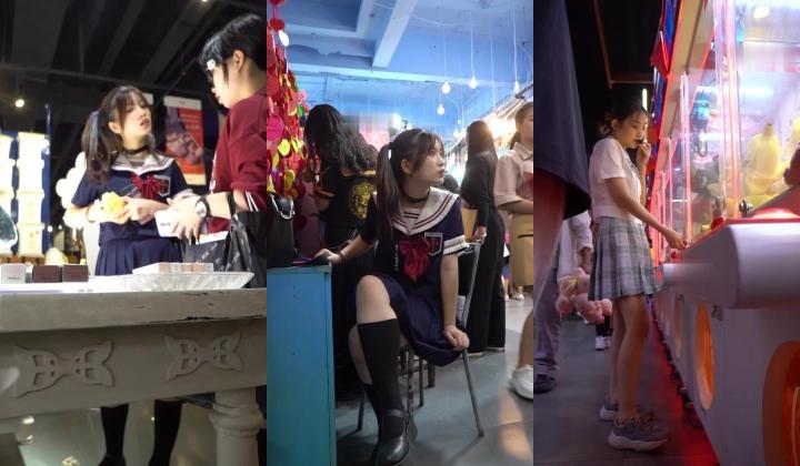 名门夜宴CD系列偷拍大师游戏展会偷拍双马尾制服jk小姐姐戴项圈性感粉窄内+电玩城的主持人浅绿色jk配粉内