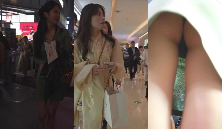 气质紧身裙长腿美女逛街摊位前挑选饰品弯腰被CD性感丁字裤 清凉短裙美女微透蕾丝内两侧露毛相当骚