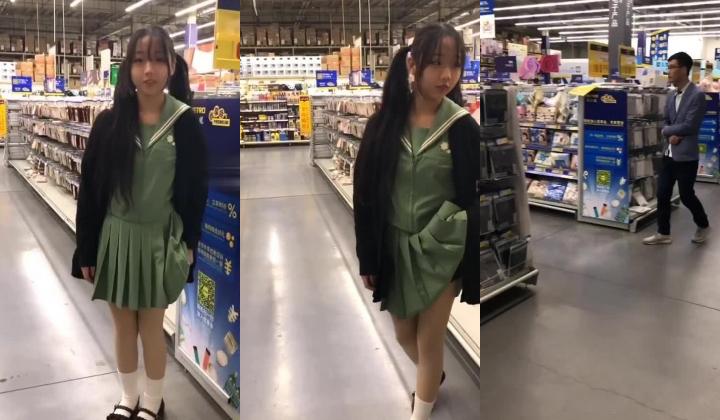 B站很火的舞蹈区双马尾可爱美少女浆果儿麦德龙大卖场里大胆露出